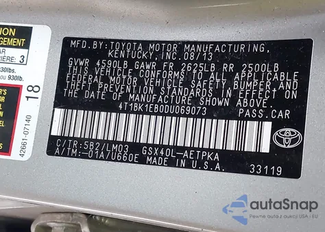 2013 Toyota Avalon Limited из США, поврежденный, VIN 4T1BK1EB0DU069073